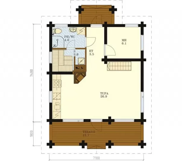 Проект одноэтажного дома 62 м² из бревна
