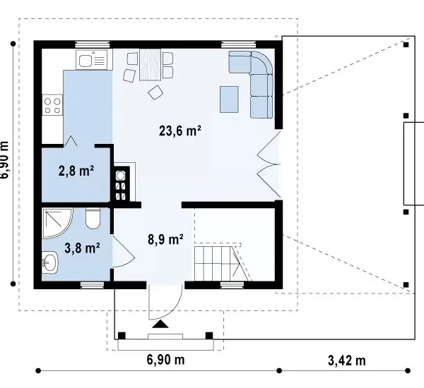 Проект одноэтажного дома 62 м² из бруса