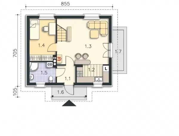 Проект одноэтажного дома 60 м² из кирпича