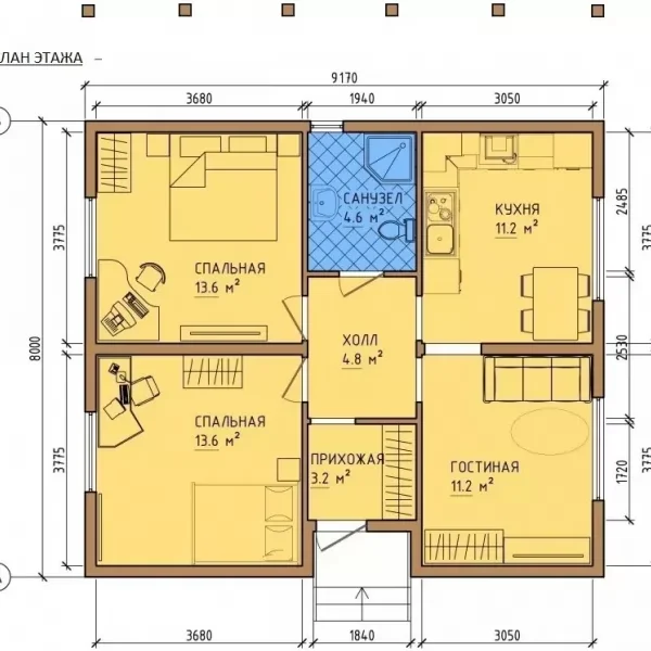Проект одноэтажного дома 62 м² каркасный