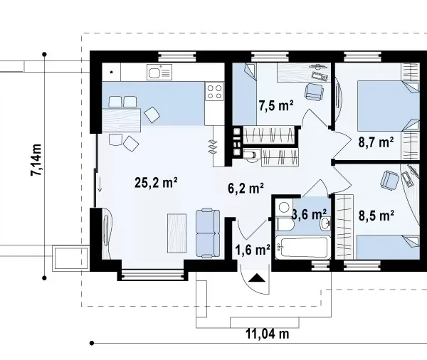 Проект одноэтажного дома 61 м² из газобетона