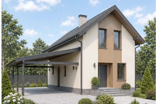 Проект двухэтажного дома 133,57 м² с террасой, балконом и навесом