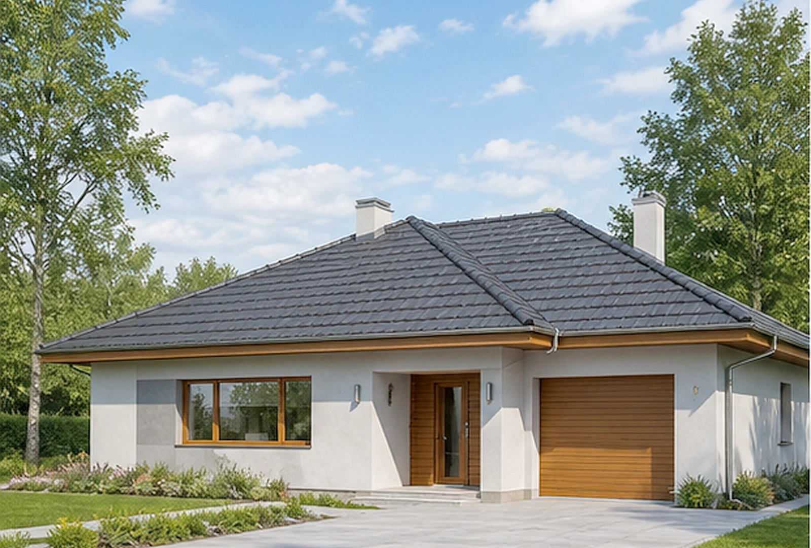 Проект одноэтажного дома 144 м² с гаражом и террасой