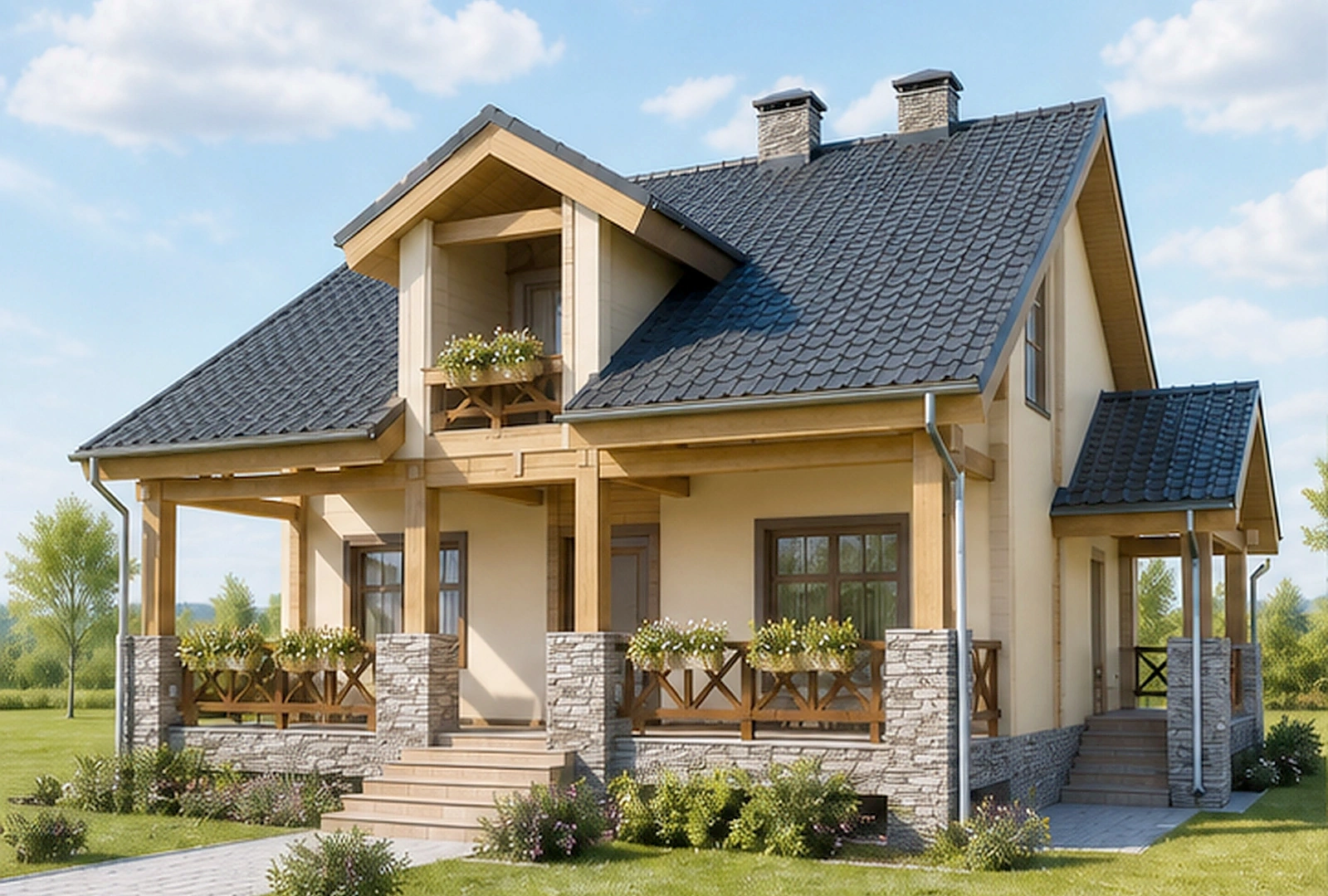 Проект двухэтажного дома 173 м² с террасой и балконом