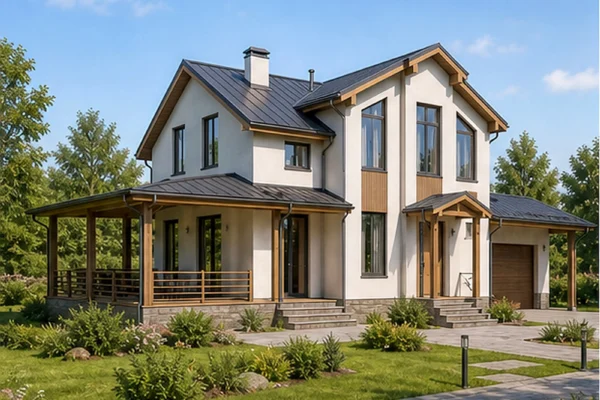 Проект дома 249 м² с навесом и террасой