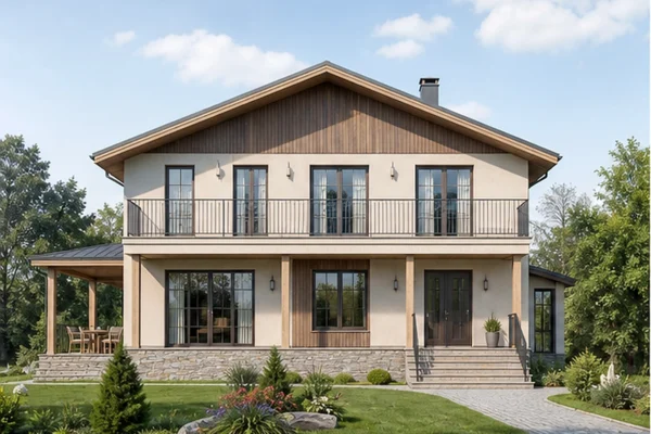 Проект двухэтажного дома 328,4 м² с сауной, террасами и балконами
