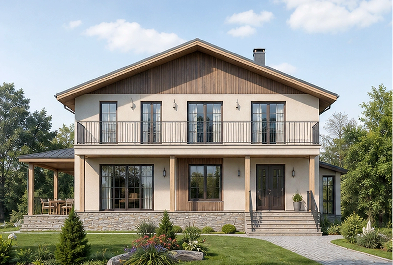 Проект двухэтажного дома 328,4 м² с сауной, террасами и балконами