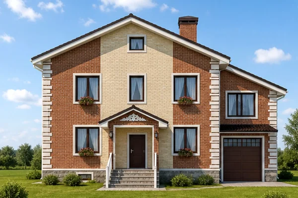 Проект двухэтажного дома из СИП-панелей 363 м² с гаражом и террасой № 2179