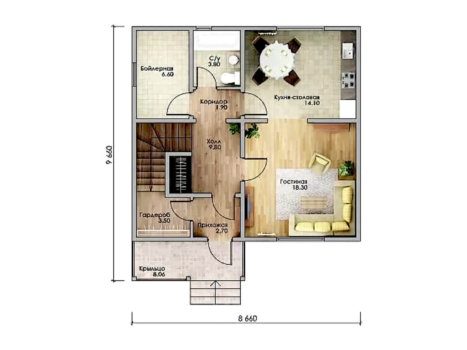 Планировка — Проект двухэтажного дома 122,6 м² с крытым крыльцом