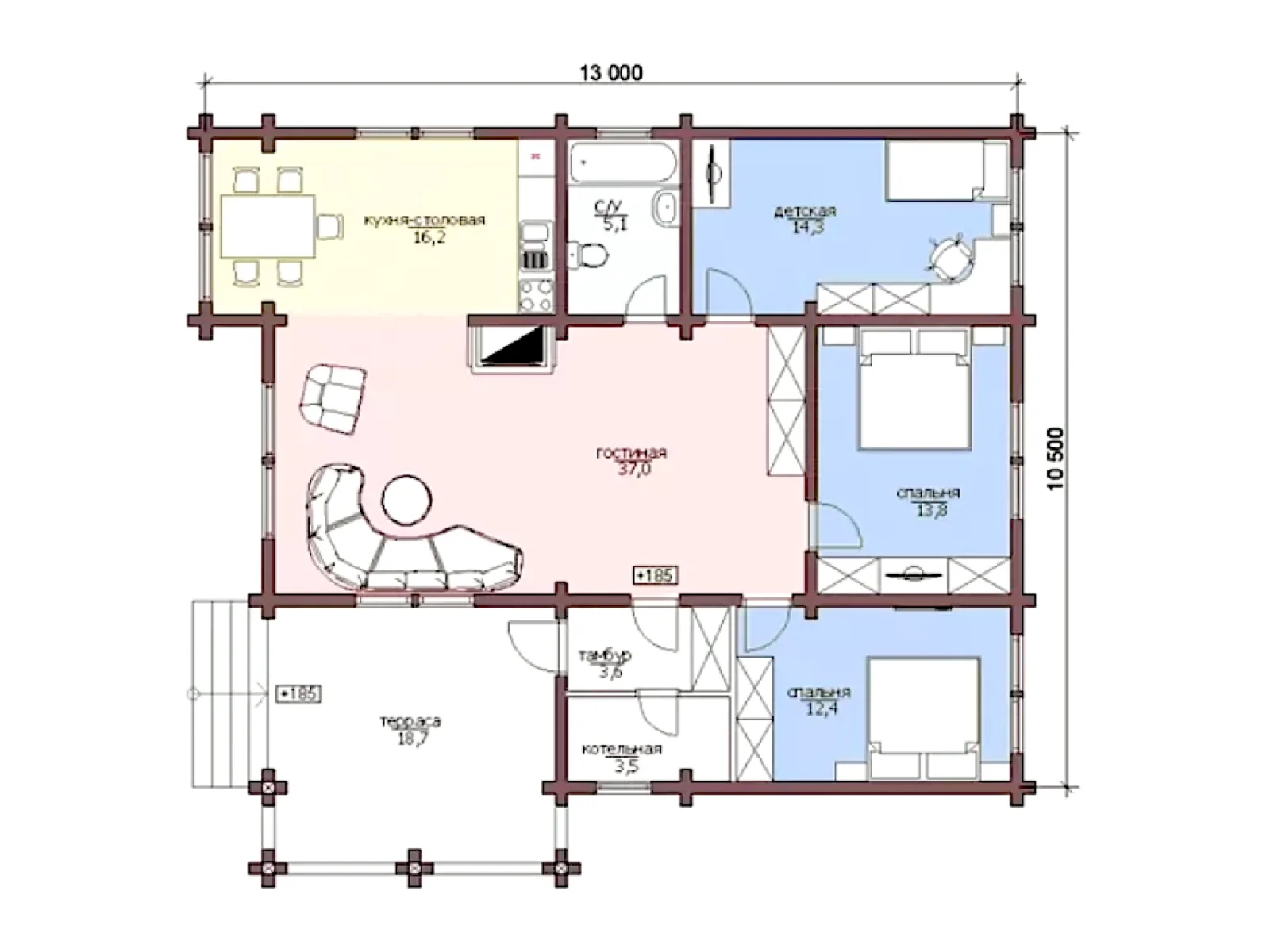 Планировка — Проект одноэтажного дома 125 м² с террасой