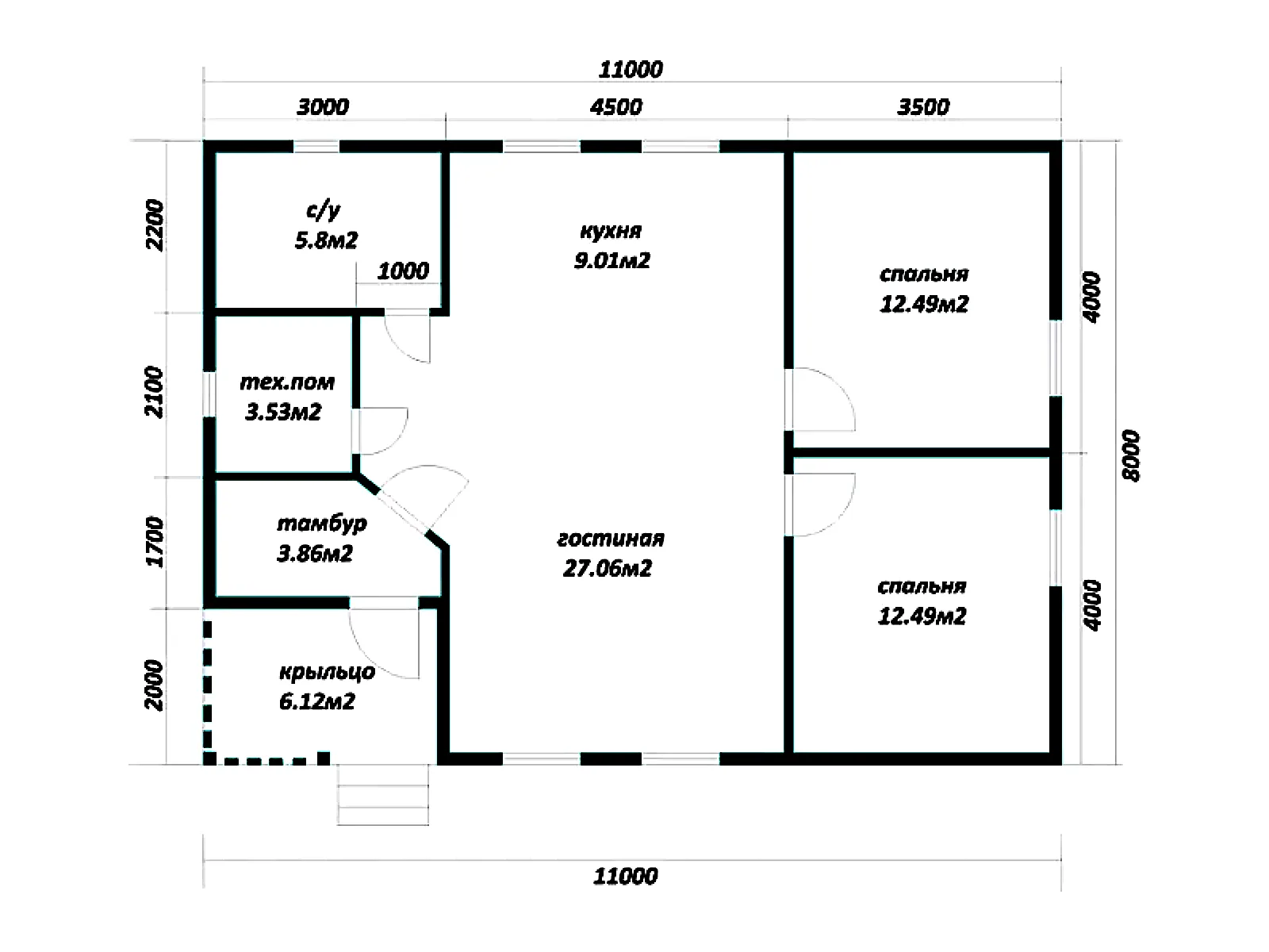 Планировка — Проект одноэтажного дома 74 м² с террасой