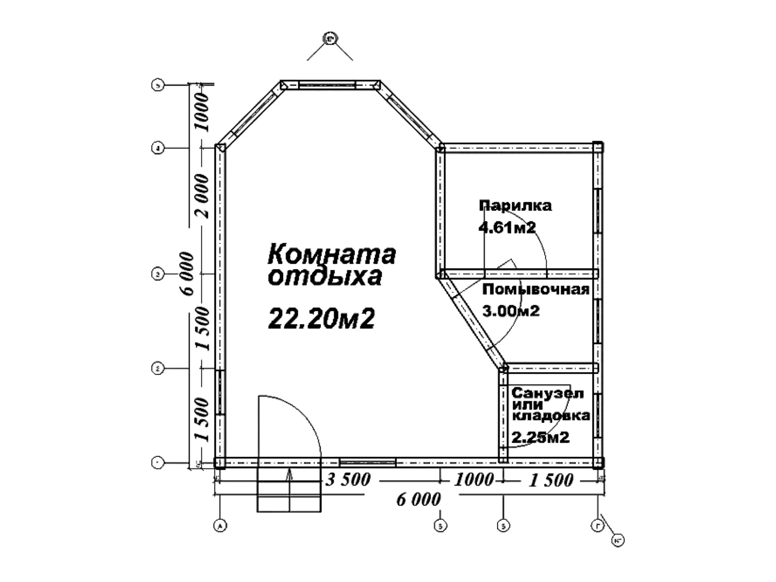 Планировка — Проект бани 32 м² с фасетным окном