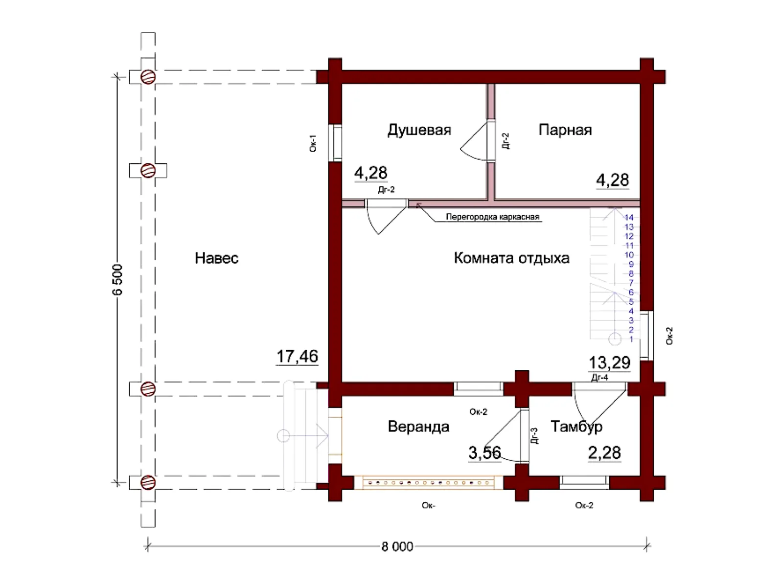 Планировка — Проект бани с мансардой и навесом 48,5 м² № 3257