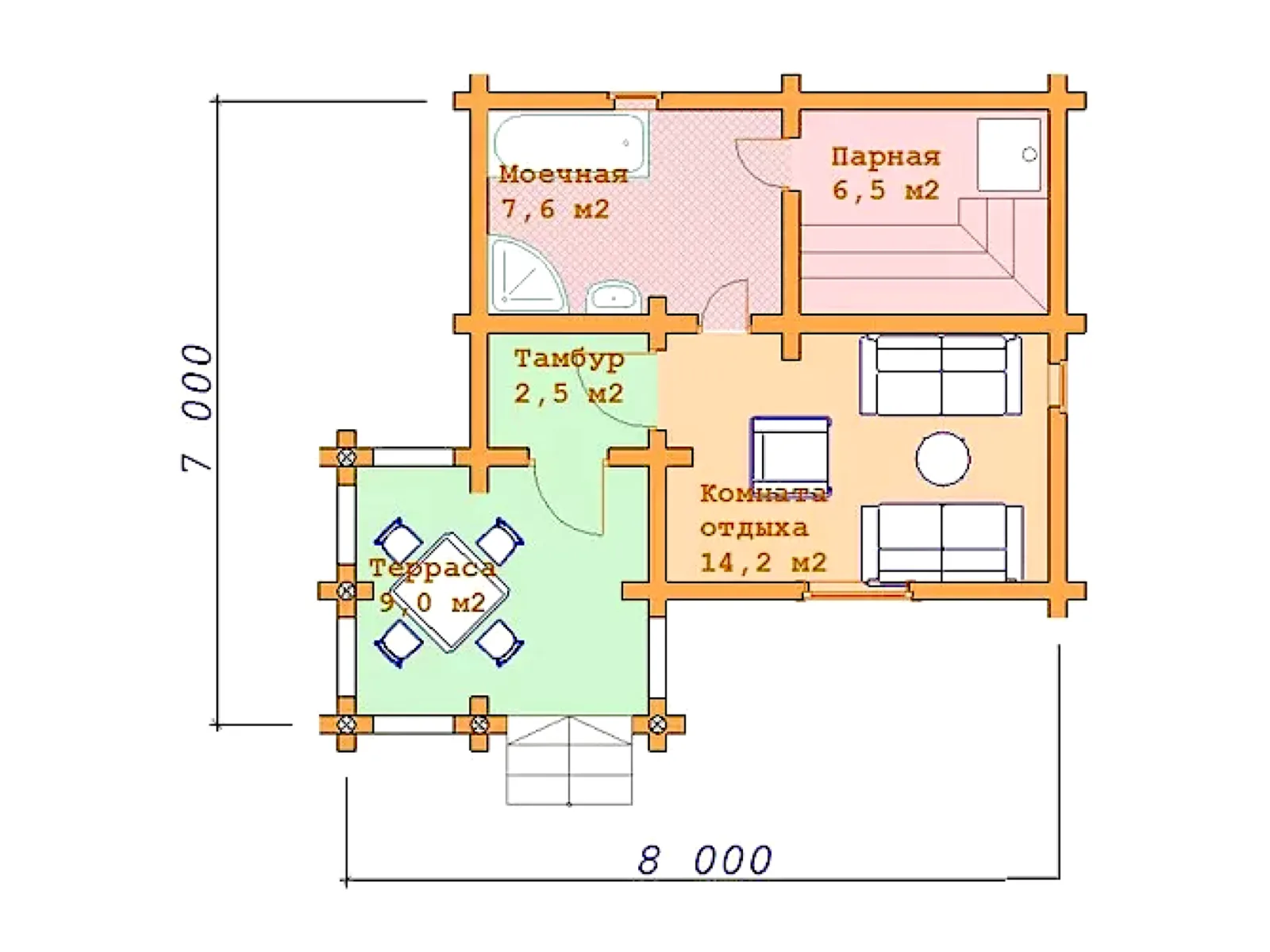 Планировка — Проект бани с террасой 40 м² № 3254