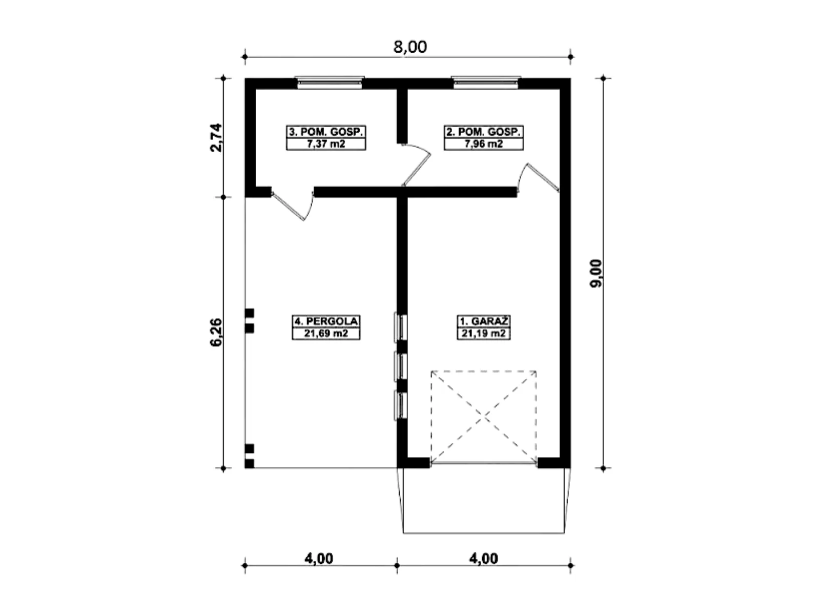 Планировка — Проект гаража 37 м² с навесом