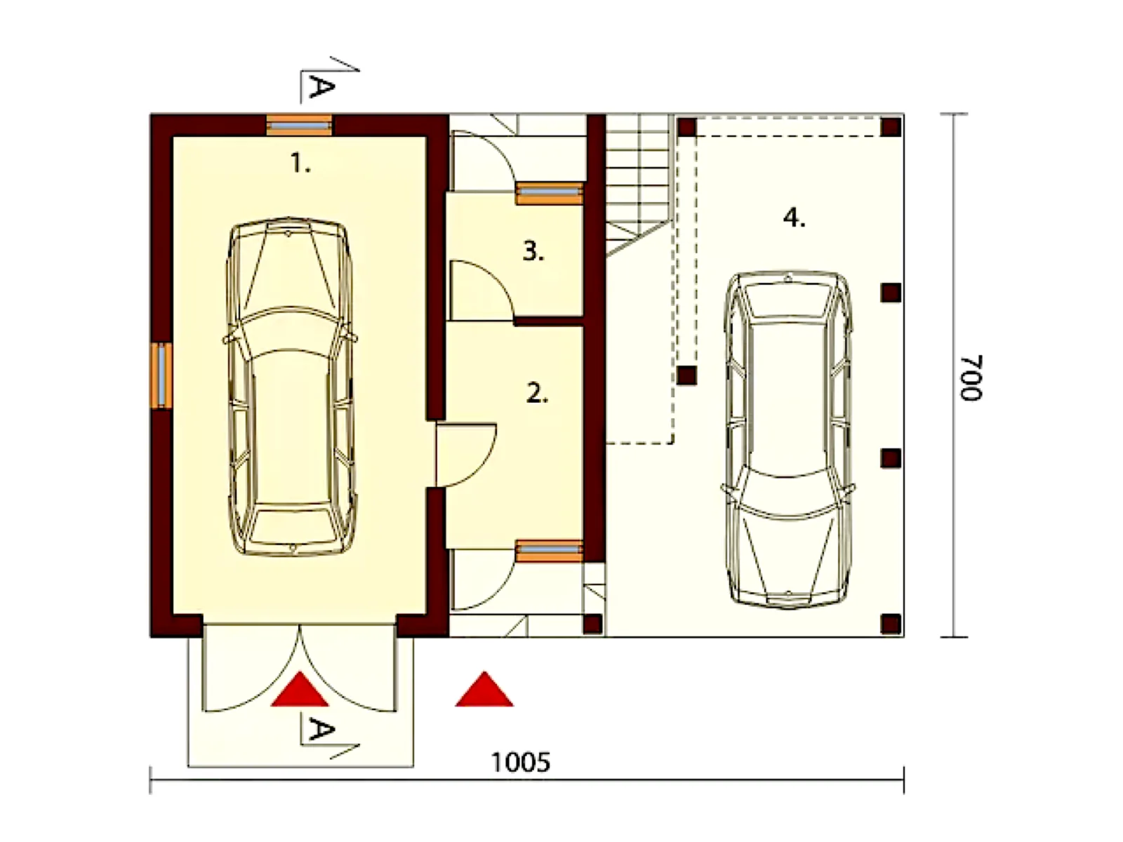 Планировка — Проект двухуровневого гаража 70 м² с навесом