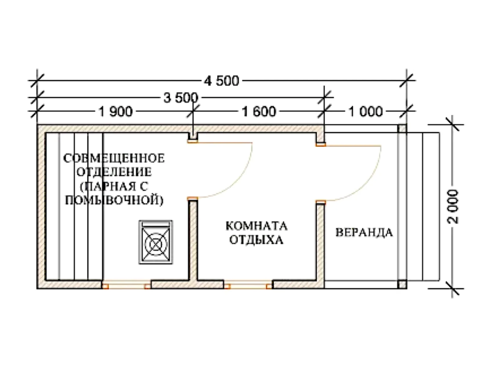 Планировка — Проект маленькой бани с верандой 7,7 м² № 3141